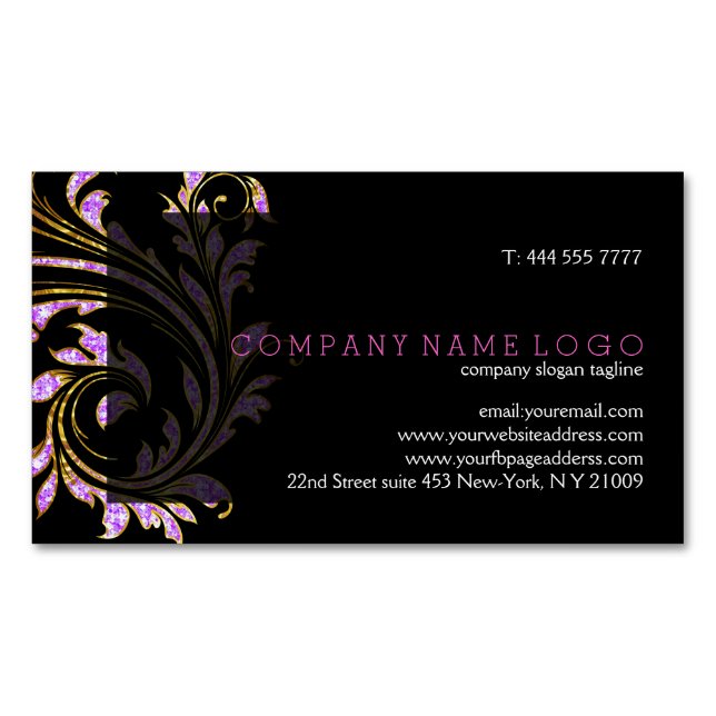 Black, Pink And Gold Floral Swirl Glitter Magnetic Business Card (Front)