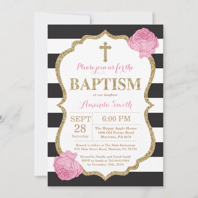 Black Pink and Gold Glitter Baptism Invitation (Front)