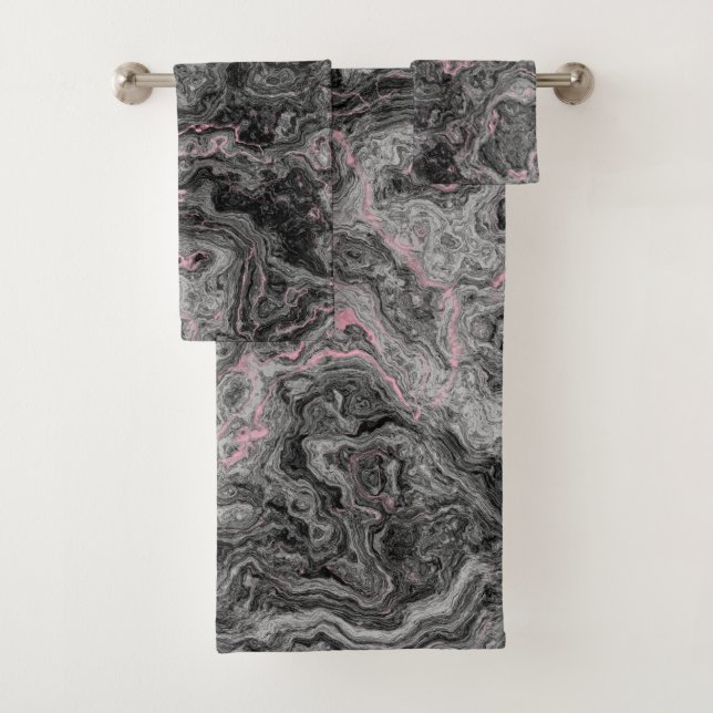 Black, Pink and Grey Marble abstract Bath Towel Set (Insitu)