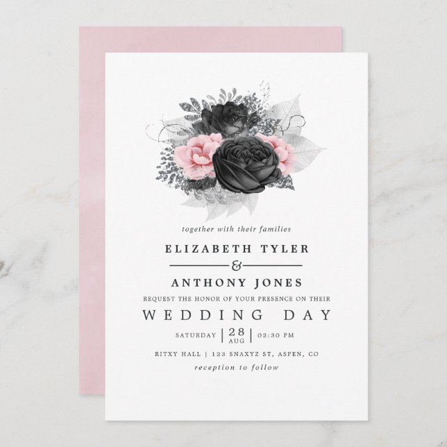 Black Pink and Silver Vintage Roses Wedding Invitation (Front/Back)