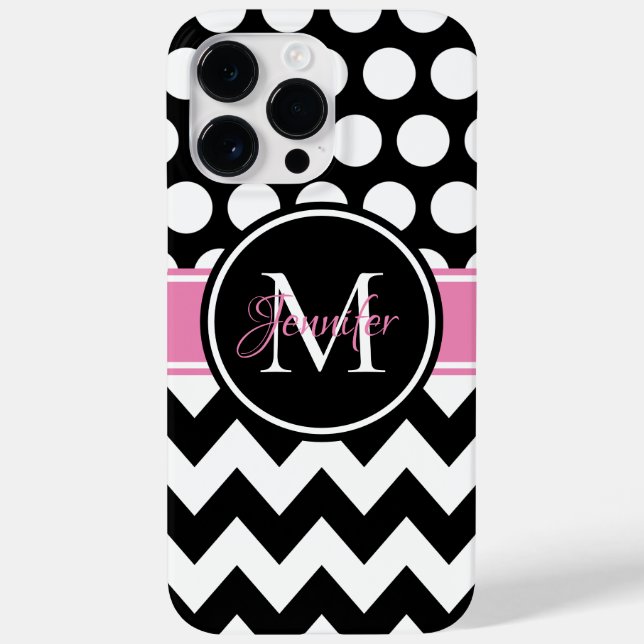Black Pink and White Chevron Polka Dot Monogram Case-Mate iPhone Case (Back)