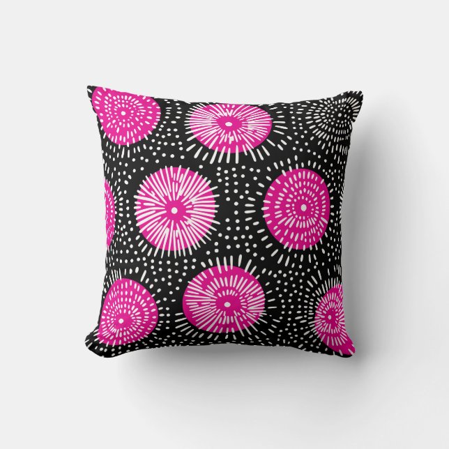 Black pink and white doodle burst cushion (Front)