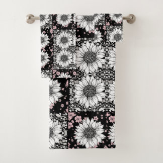 Black, Pink and White Flowers Patchwork Pattern Bath Towel Set
