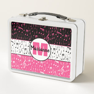 Black pink and white music notes  metal lunch box