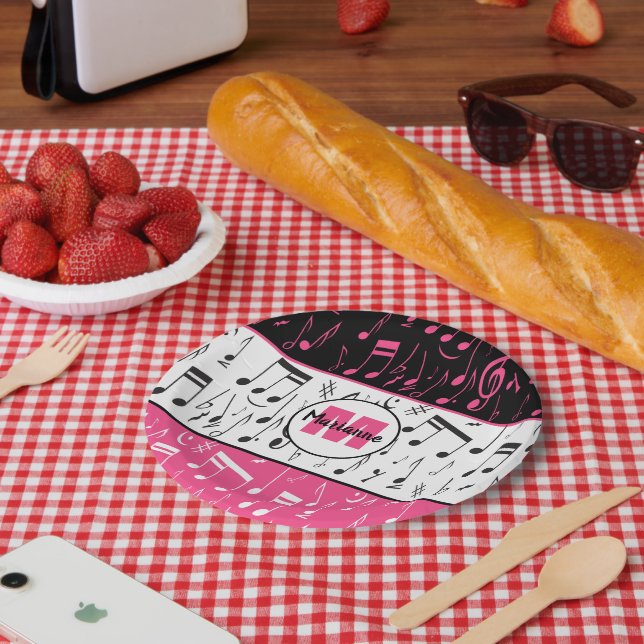 Black pink and white music notes  paper plate (Picnic)