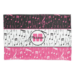 Black pink and white music notes pillow case