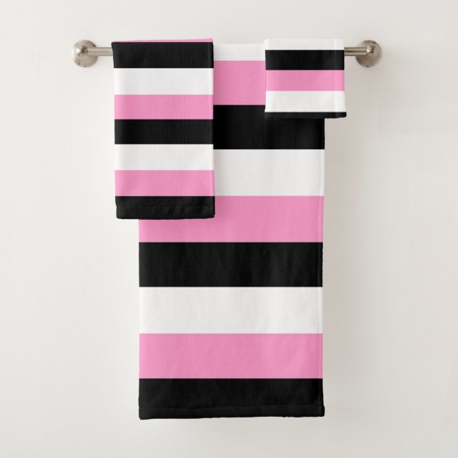 Black, Pink and White Stripes Bath Towel Set (Insitu)
