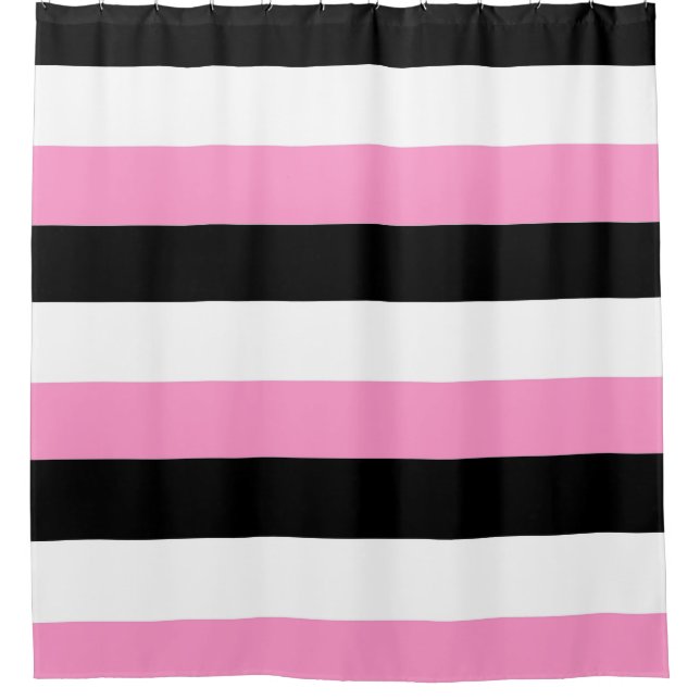Black, pink and white stripes shower curtain (Front)