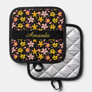 Black Pink And Yellow Flower Custom name Pot Holder