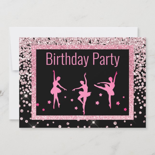 Black Pink Ballerina Sparkle Childrens Birthday Invitation (Front)