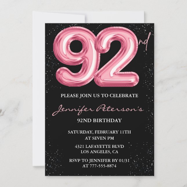 Black Pink Balloon Glam 92nd birthday Invitation (Front)
