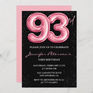 Black Pink Balloon Glam 93rd birthday Invitation