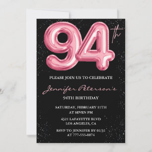 Black Pink Balloon Glam 94th birthday Invitation