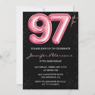 Black Pink Balloon Glam 97th birthday Invitation