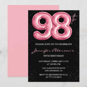 Black Pink Balloon Glam 98th birthday Invitation