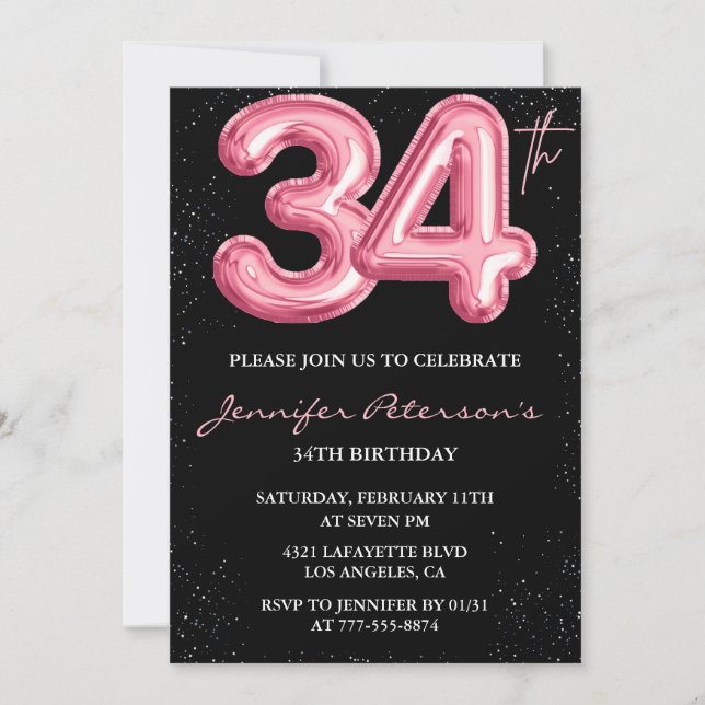 Black Pink Balloon Glam Glitter 34th birthday Invitation (Front)