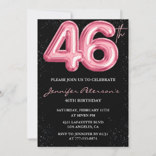 Black Pink Balloon Glam Glitter 46th birthday Invitation