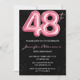 Black Pink Balloon Glam Glitter 48th birthday Invitation