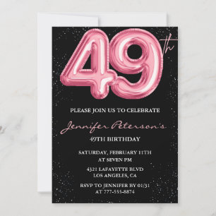 Black Pink Balloon Glam Glitter 49th birthday Invitation