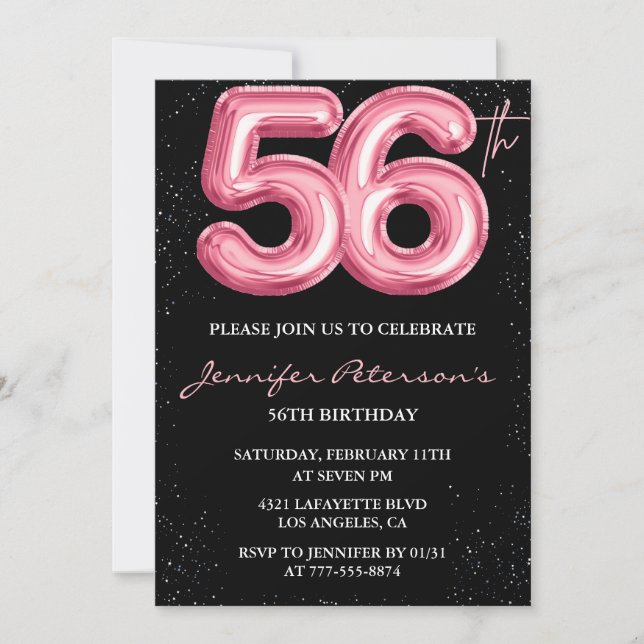 Black Pink Balloon Glam Glitter 56th birthday Invitation (Front)