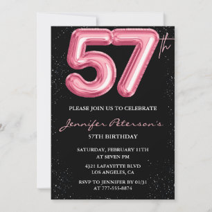 Black Pink Balloon Glam Glitter 57th birthday Invitation