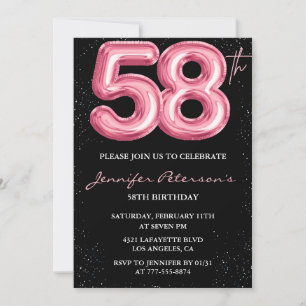 Black Pink Balloon Glam Glitter 58th birthday Invitation