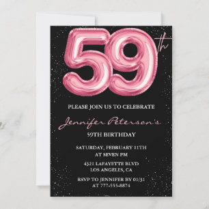 Black Pink Balloon Glam Glitter 59th birthday Invitation