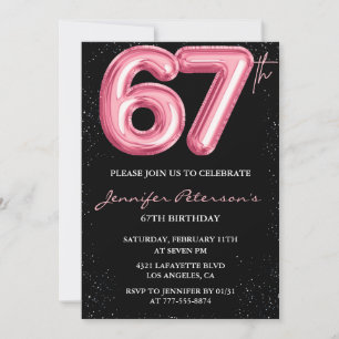 Black Pink Balloon Glam Glitter 67th birthday Invitation
