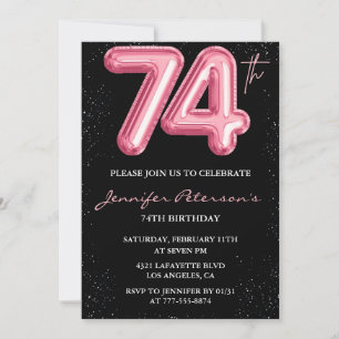 Black Pink Balloon Glam Glitter 74th birthday Invitation