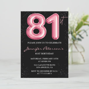 Black Pink Balloon Glam Glitter 81st birthday Invitation