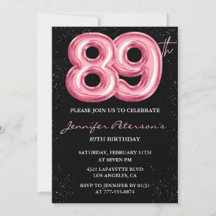 Black Pink Balloon Glam Glitter 89th birthday Invitation