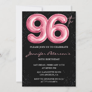Black Pink Balloon Glam Glitter 96th birthday Invitation