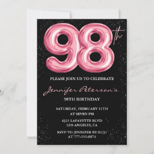 Black Pink Balloon Glam Glitter 98th birthday Invitation