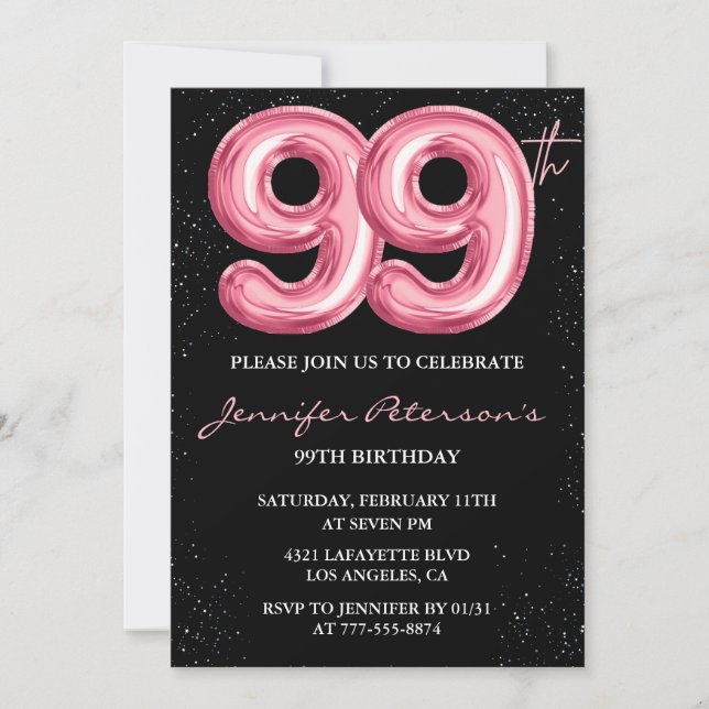Black Pink Balloon Glam Glitter 99th birthday Invitation (Front)