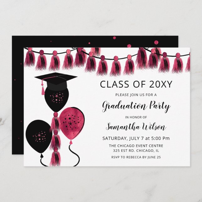 Black Pink Balloons Grad Hat Graduation Party Invitation (Front/Back)