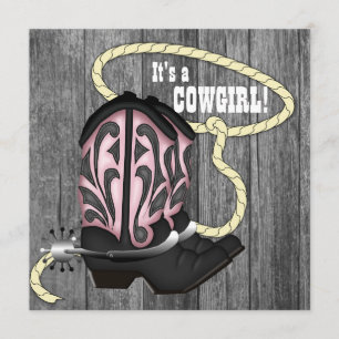 Black Pink Barn Wood Cowgirl Baby Shower Invitation