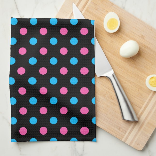 Black Pink Blue Polka Dot Pattern Tea Towel (Quarter Fold)