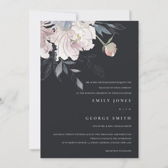 BLACK PINK BLUSH WATERCOLOR FLORAL WEDDING INVITE (Front)