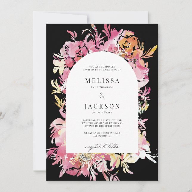 Black Pink & Blush Watercolor Flower Arch Wedding Invitation (Front)