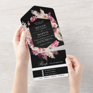 Black, Pink Boho Wedding All In One Invitation