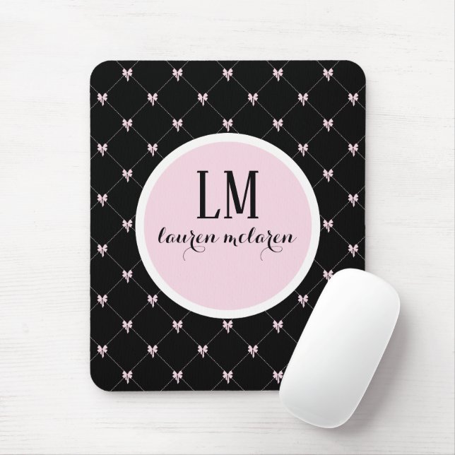 Black & Pink Bow Monogram Mouse Pad (With Mouse)
