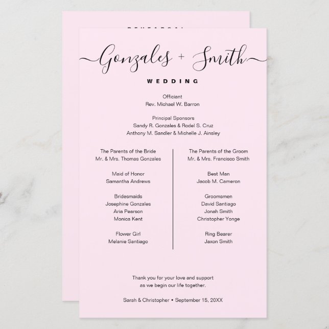 Black Pink bridal party Wedding Timeline list (Front/Back)