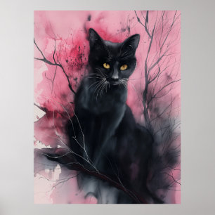 Black Pink Cat Abstract Surreal Portrait Painting Poster