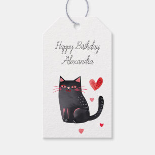 Black Pink Cat Hearts Birthday Gift Tags