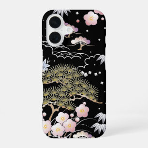 Black Pink Cherry Blossom Elegant Floral iPhone 16 Case