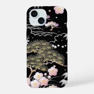 Black Pink Cherry Blossom Elegant Floral Pattern iPhone 15 Case