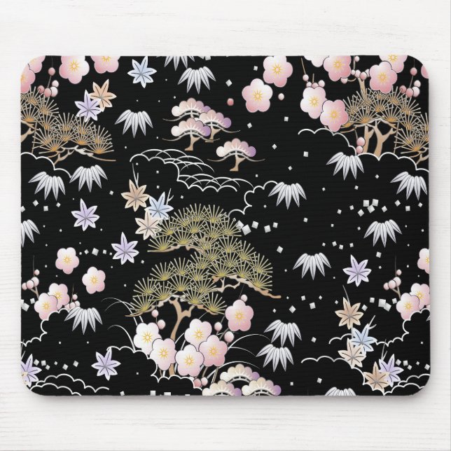 Black Pink Cherry Blossom Elegant Floral Pattern Mouse Pad (Front)