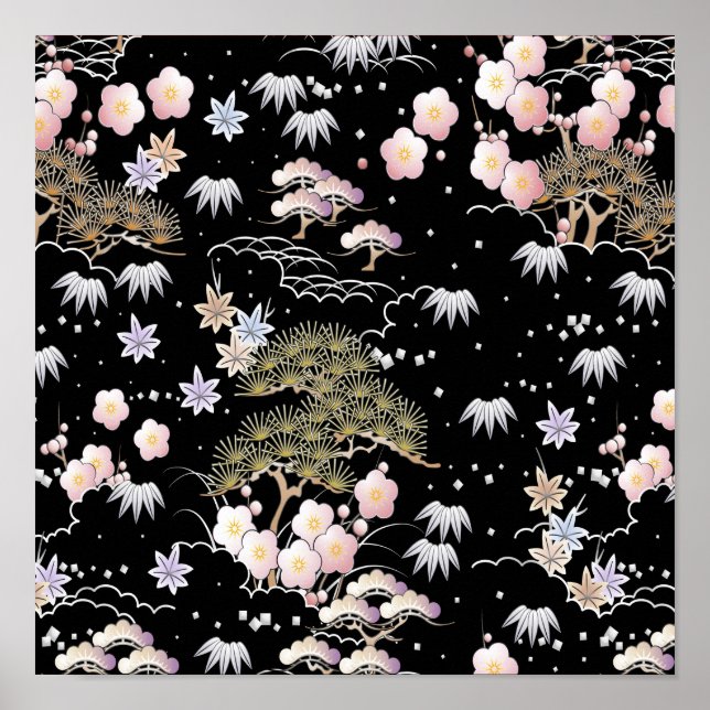 Black Pink Cherry Blossom Elegant Floral Pattern Poster (Front)