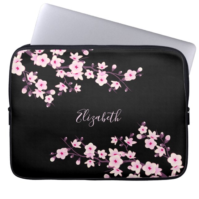 Black Pink Cherry Blossom Monogram Laptop Sleeve (Front)