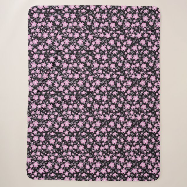 Black Pink Cherry Blossom Sherpa Blanket (Front)